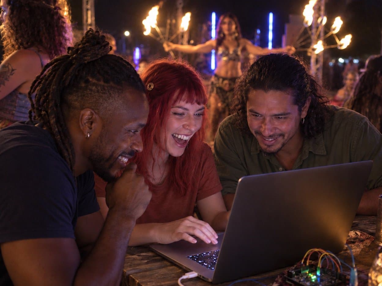 Three builders laughing over one laptop at night, fire performers and lights behind them